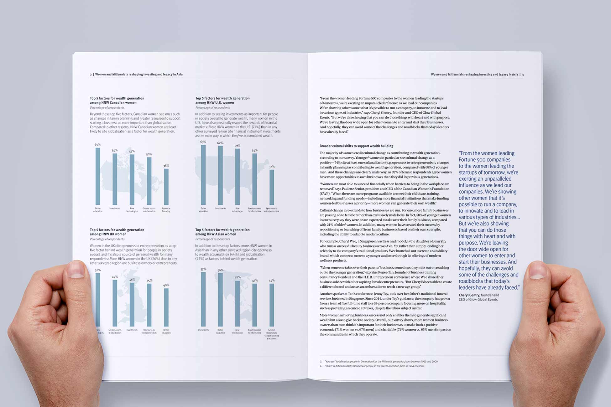 An opened brochure showing research data visualisation design.