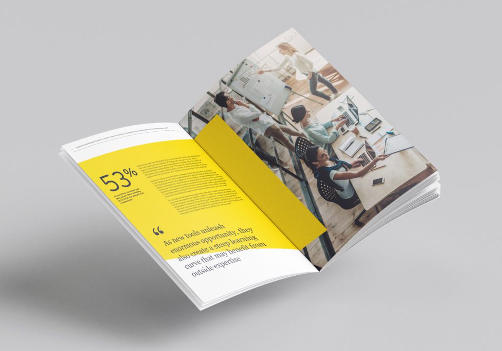 a technology report brochure with a yellow cover designed by NWC, a design agency.