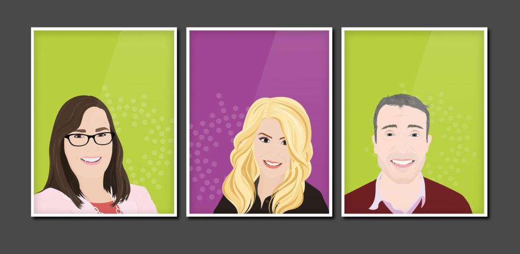 An illustration of three people portraits on a green background by NWC, a design agency.
