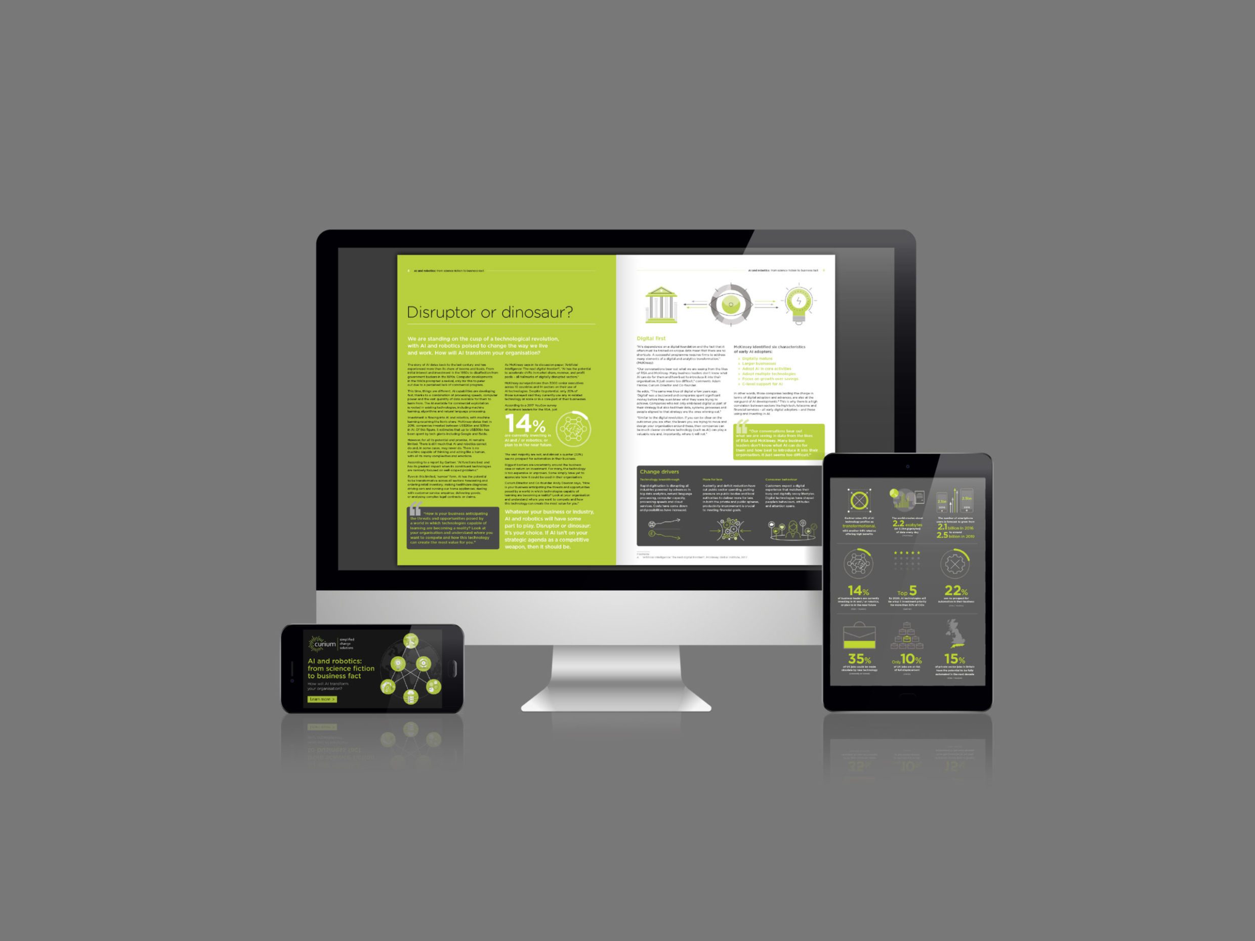 A computer screen displaying an hr report design on a lime green layout screen and a phone, illustrating graphics and design agency's other report design capabilities.