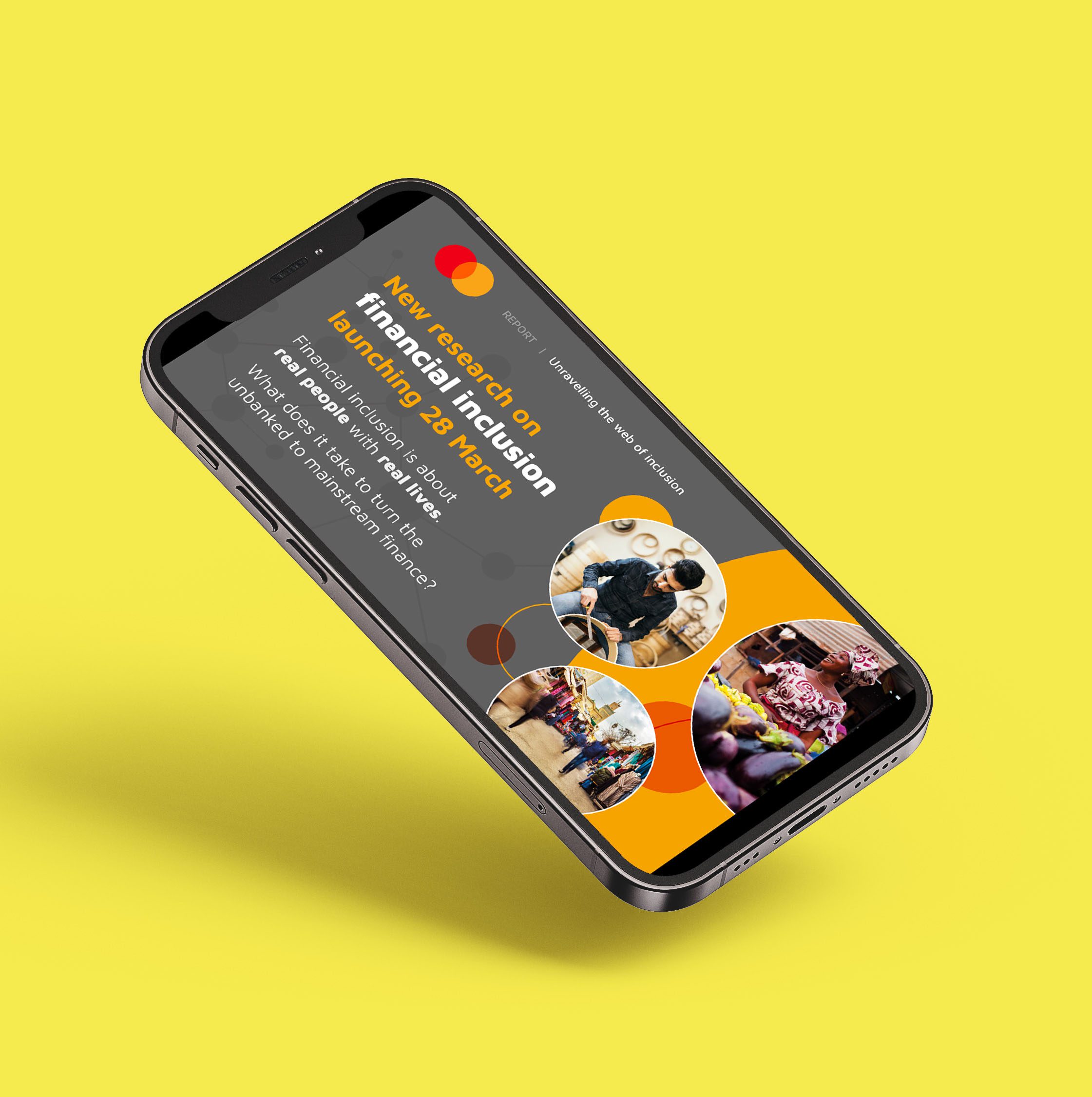 A professional social cards mockup design shown in a phone against a yellow background.