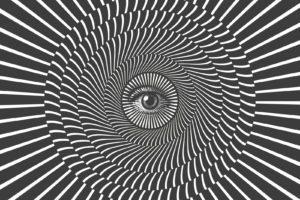 An optical illusion featuring a black and white eye challenges the 5 myths of content design agencies.