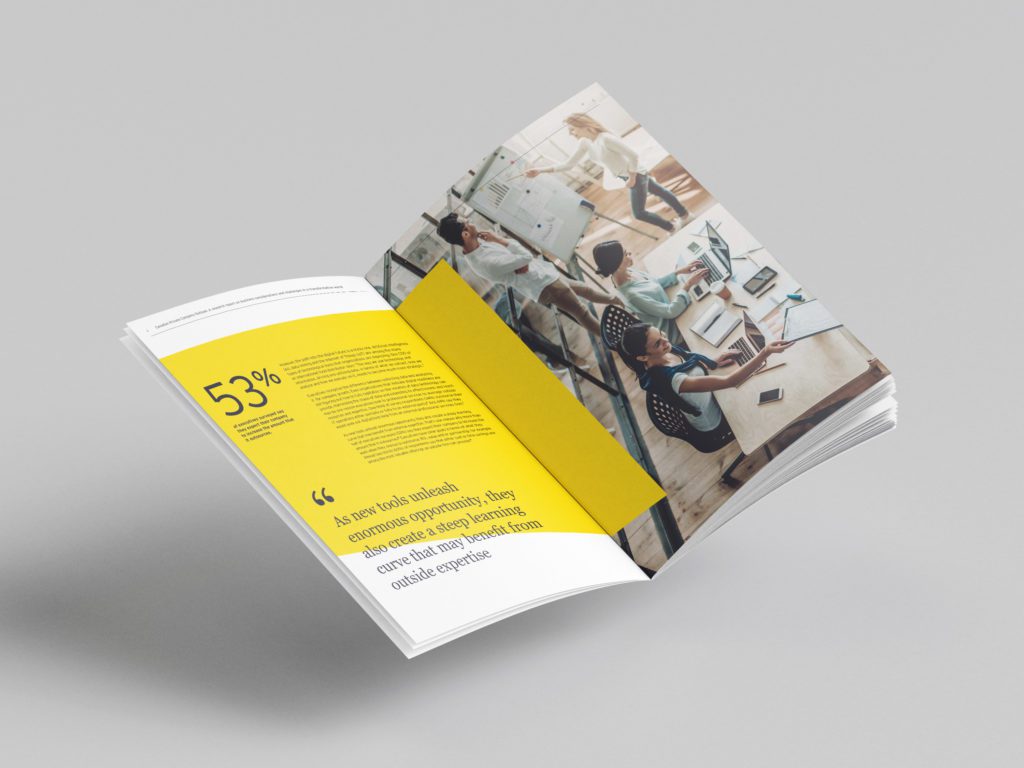 a technology report brochure with a yellow cover designed by NWC, a design agency.
