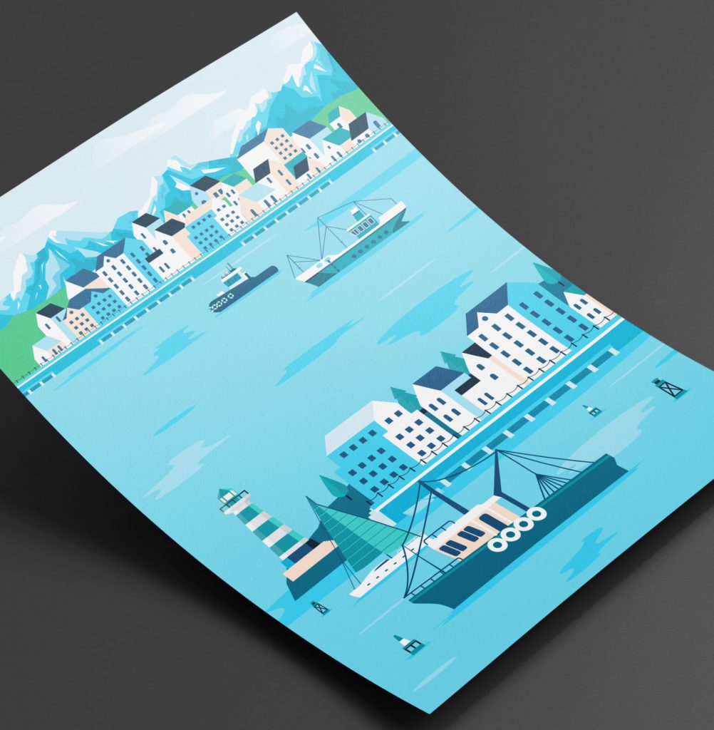 A calm and relaxing shades of blue ocean illustration design on a poster.
