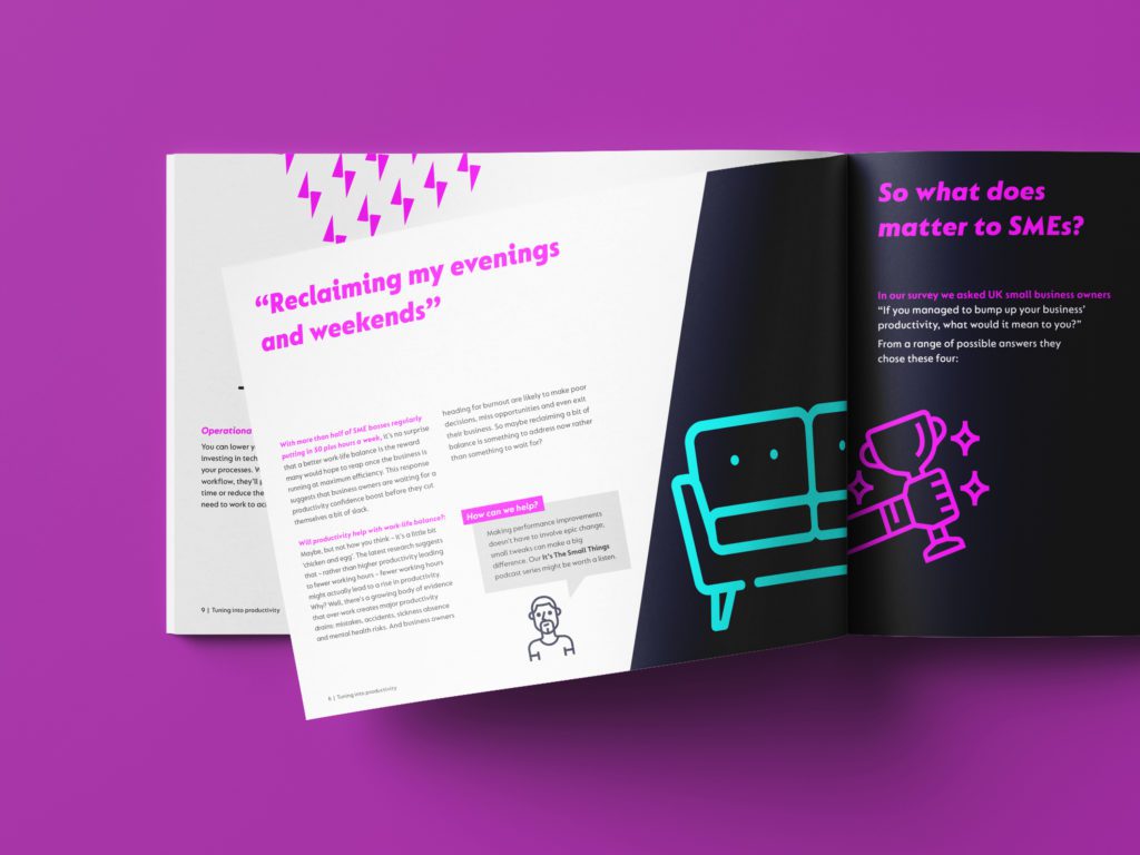 an eBook design on a brochure with black, violet, and turquoise color combination.