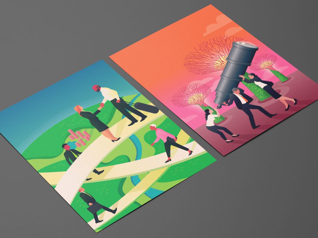 A sharp and bright colored editorial illustration design on posters