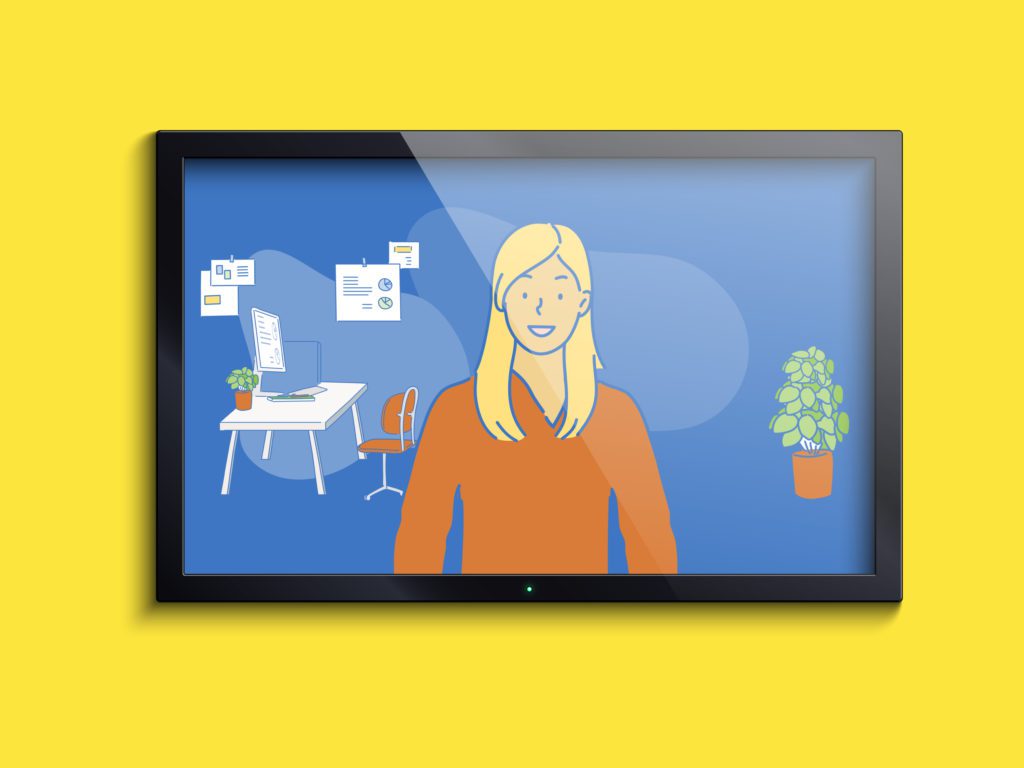 An animated explainer video shown in a tablet against a yellow background.
