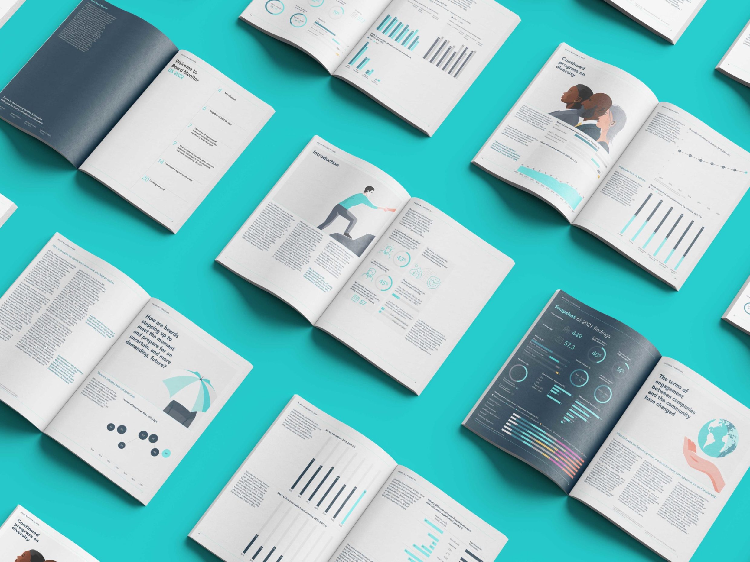 a set of professional report business brochures on a turquoise surface.