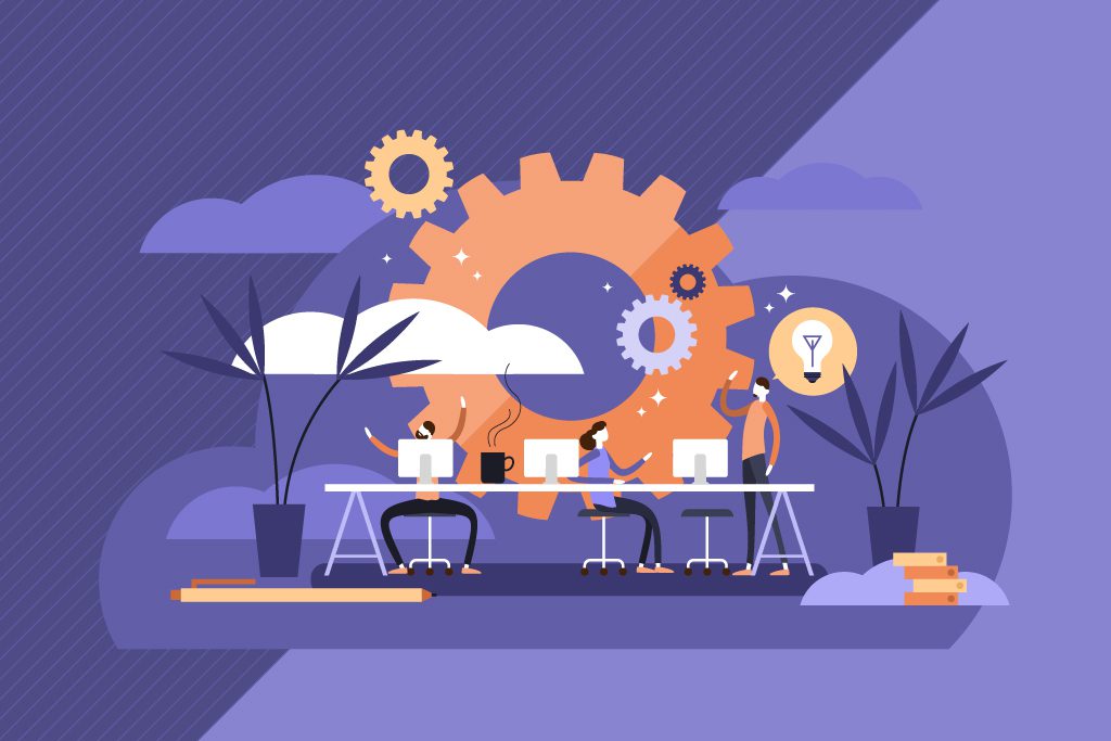 A flat illustration of a group of people working at a desk, highlighting the benefits of utilizing a content design agency.