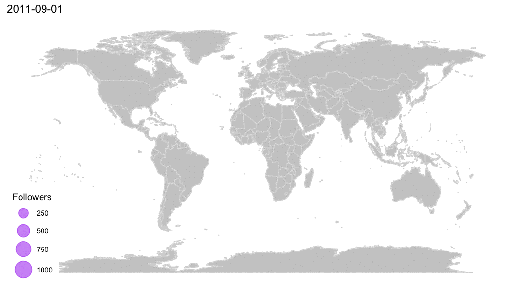 An animated map displaying worldwide follower counts.