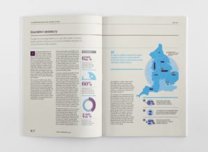 An open book featuring a map of England showcasing professional report design in Word.