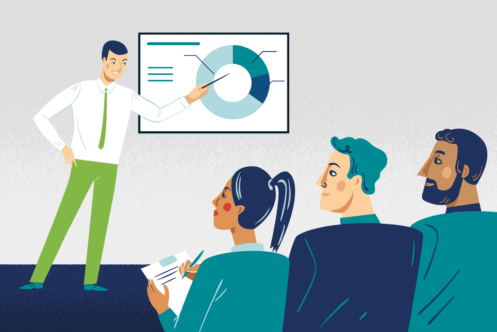 An illustration showcasing 3 powerful ways to improve your organisation's presentation design, with a group of people in front.