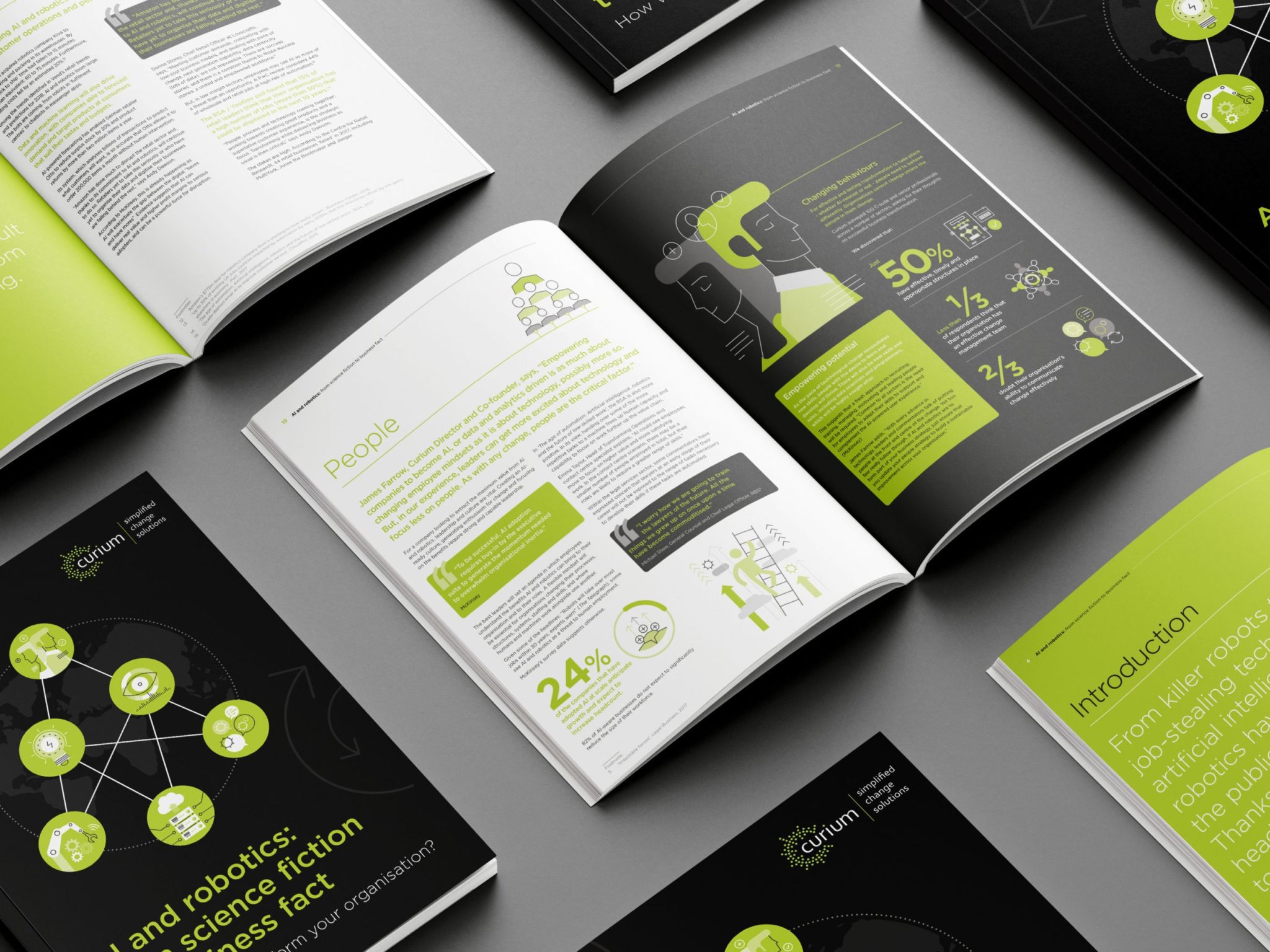 An apple green, white, and black themed visual report design in a brochure.