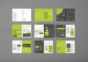 A set of green and black brochures on a grey background, showcasing a professional report design in Word.