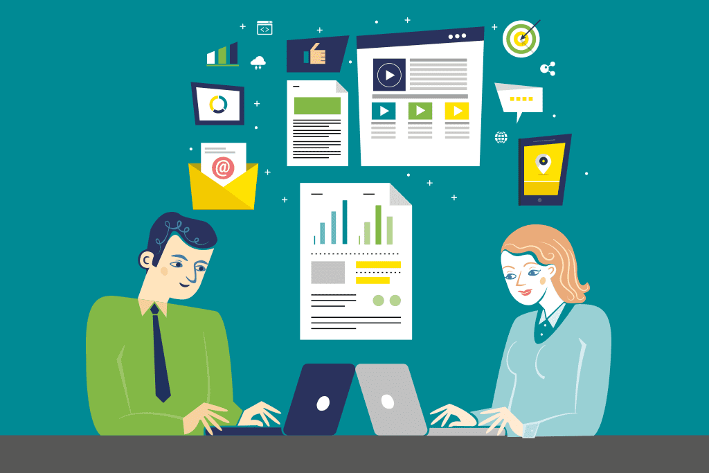 A man and woman utilizing graphic assets while working on their laptops to expand the reach of their research report.