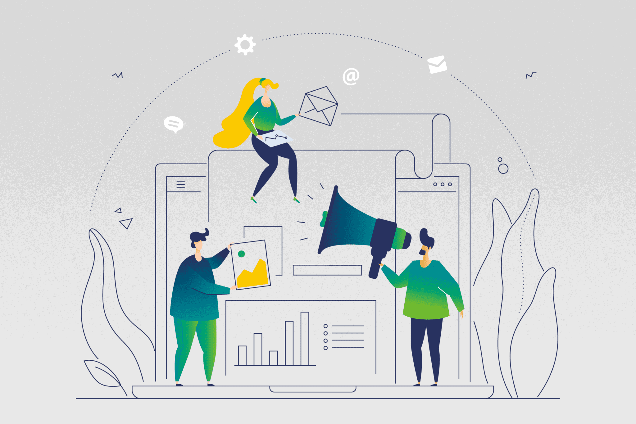 An illustration of a group of people with a megaphone on top of a laptop, demonstrating how to create a professional report design in Word.