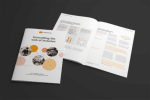 A portfolio brochure featuring white background and orange circles.